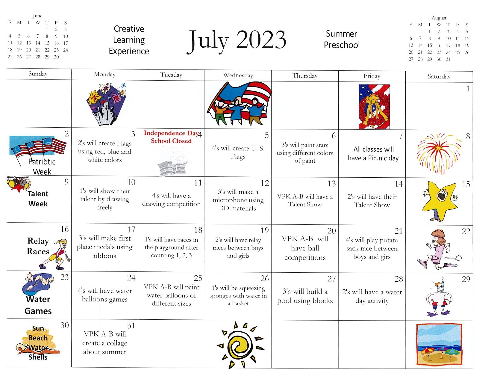 Calendar VPK Program Creative Learning Experience Lake Worth FL